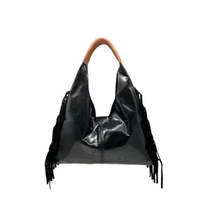 Δερμάτινη τσάντα μαύρη με κρόσσια